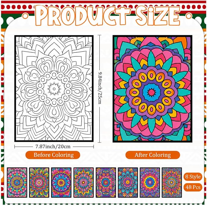 Cinrobiye 48 Pcs Velvet Coloring Posters Mandala Fuzzy Posters to Color Bulk Felt Mandala Coloring Page Craft for Adults Teenagers All Ages Classroom Assisted Living Festive Holiday Art&Craft Activity