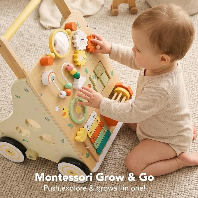 Wooden Baby Push Walker with 9-in-1 Activity Center for Boy Girl 1Y+ | Push Walker with Wheels for Toddler Infant Learn to Walk & Sit-to-Stand, First Birthday Toy Gift for 1-3 Year Old