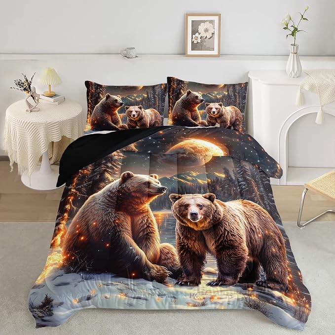 AILONEN Boys Rustic Bear Bedding Set Queen Size,Starry Brown Bear Comforter with 2 Pillowcases,3-Piece Snow Animal Soft Duvet Set