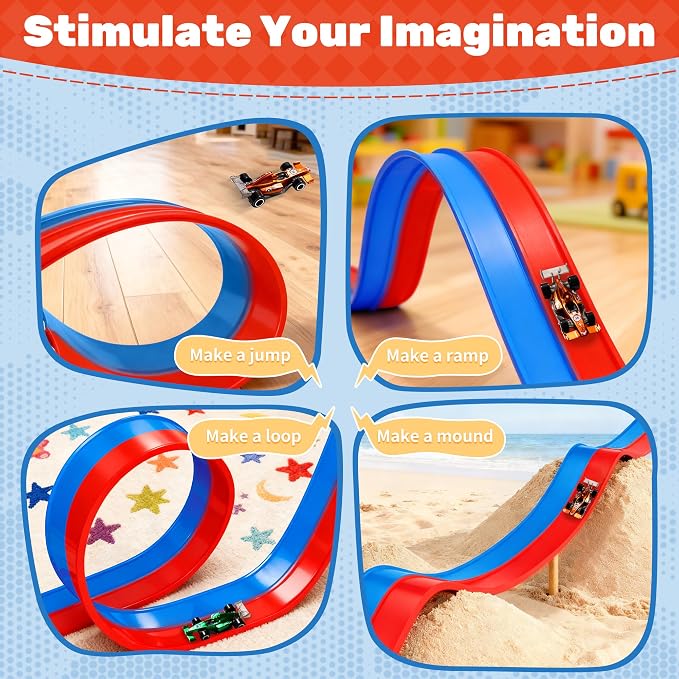 MINDNOOK 16 Ft Flexible Race Car Track Set for Kids, Portable Roll-Up Racetrack with 4 Cars & Suction Cups, Compatible with 1:64 Diecast Toy Cars, Gift for Boys & Girls Ages 4-12
