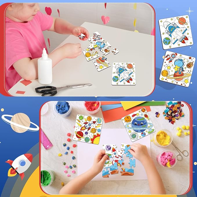 Realspring 24 Pack Outer Space Color Your Own Jigsaw Puzzles for Kids 3-5, 4-6, 6-8, Coloring Crafts DIY Paper Puzzles Party Favors Gifts for Toddler Children Learning Education Toys