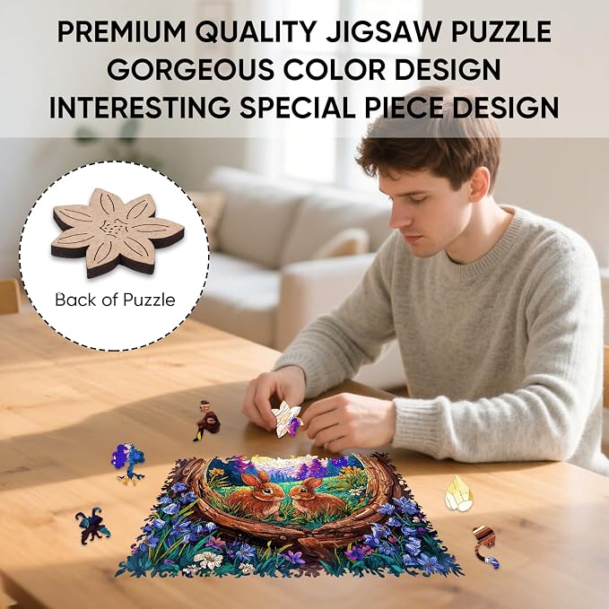 Ixfyloop Wooden Puzzles for Adults, Wooden Jigsaw Puzzles for Adults, Bunny Puzzle Wood Puzzles for Adults Wooden, Rabbit Puzzle Interlocking Family Game Birthday Gift 500 Pieces 15.9x15.7 Inch