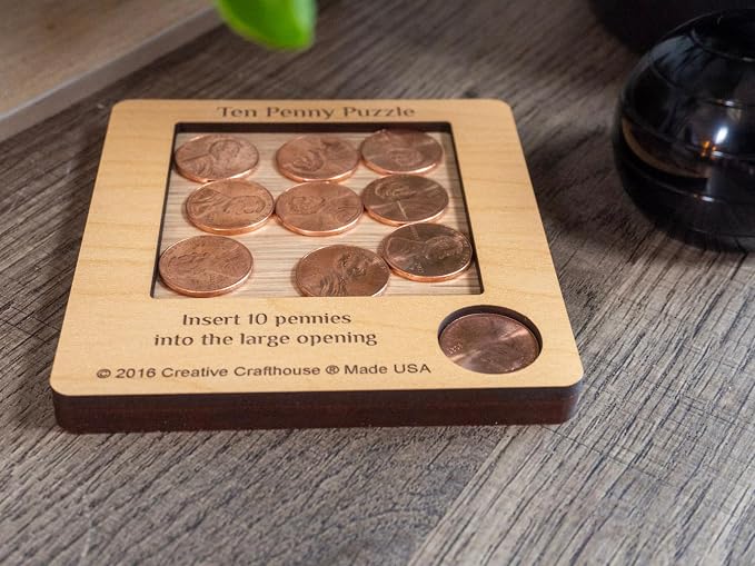 Creative Crafthouse 10 Penny Puzzle, Wood Coin Brain Teaser for Adults | Pack every penny flat into the tray. A coffee table and executive office challenge, gift ready for collectors