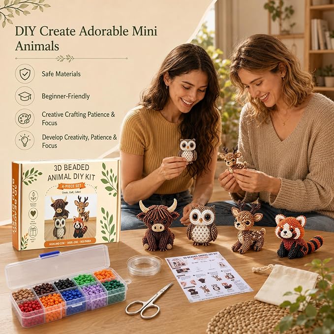 BLOWADM 4Pcs Tiny 3D Beaded Animal DIY Kit, Bead Embroidery Kit,3D Bead Animal Making Kit for Beginners,Cute Animals Beading Craft Set with Instructions