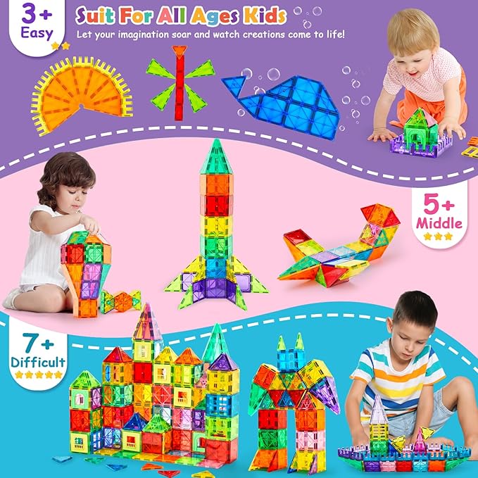 Dopyye Magnetic Building Tiles for Kids, 100 PCS Magnetic Blocks with Storage Bag, Magnet Tiles STEM Educational Stacking Toys Gift for Toddler Ages 3 4 5 6 7 8 9