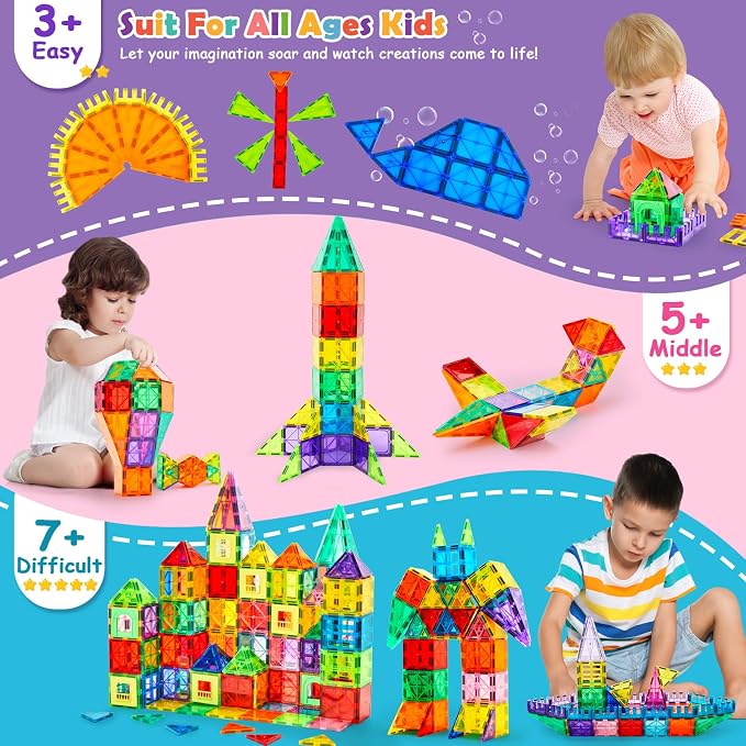 Dopyye 132 PCS Magnetic Tiles Building Blocks with 2 Cars, STEM Educational Construction Montessori Toys for Kids Ages 3 4 5 6 7 8 9, Magnet Building Set Gift for Boys Girls