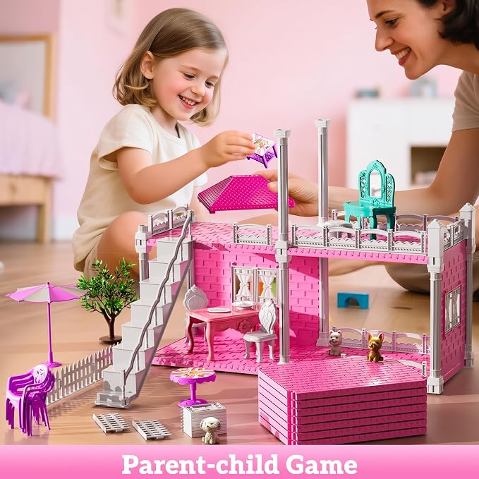 JUKUDAHU Villa Playset for Girls Ages 3-7, Indoor Playset Girls Toys with 2 Storeys 3 Rooms 2 Dolls for Ages 6-8, Furniture and Accessories, Pretend Toddler Toy, Birthday Gifts for Kids 3 4 5 6 7 8