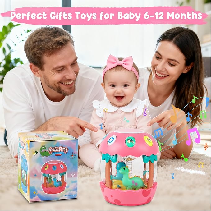 M SANMERSEN Baby Girl Toys, Dinosaur Rotating Light Up Musical Baby Toys for 12-18 Months Newborn Infant Crawling Tummy Time Toys, Birthday Easter Gifts for Baby Girls- Pink