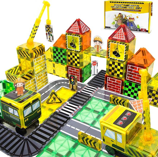 Magnetic Tiles Magnetic Construction Set with 2 Dolls, Cars, Train, Train Tracks, Building Sensory Toys for 3+ Year Old Boys & Girls Creative Kids Games Birthday Xmas Gifts