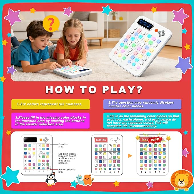 Smart Color Sudoku Console,Handheld Travel Logic Game–500 Screen‑Free Challenges,Quiet Brain Teaser for Kids/Adults/Seniors,Car Rides&Indoor Recess-Color Guidance,Adjustable Voice Prompts