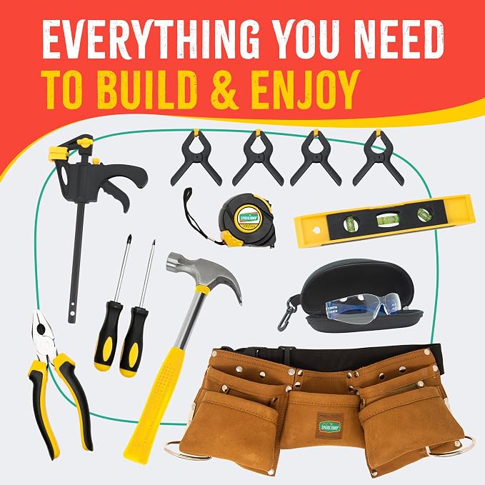 SparkJump Deluxe Kids Tool Set, Real Tools with Tool Belt & Tool Box, Beginner Tool Kit for Boys & Girls Ages 6 & Up, Brown Ultimate Tool Set
