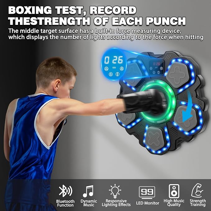 Music Boxing Machine Sport Toys for Kids and Adults,Wall Mounted Bluetooth Smart Punching Target,Training Pad Toy with Boxing Glove,Ideas Toys for Boys Girls Kids 3 4 5 6 7 8 9 10 11 12+ Years Old