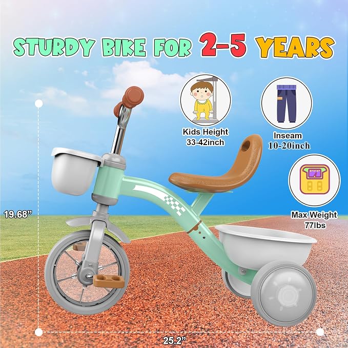 Kkdi Toddler Tricycle for 1-3 3-5 Year Olds, 2 3 4 5 Year Old Girl Boy Birthday Gifts, Toddler Baby Bike, 4-Level Adjustable Seat, 3 Color Light Wheels, 2 Baskets, Outdoor Riding Toys for Ages 2-4