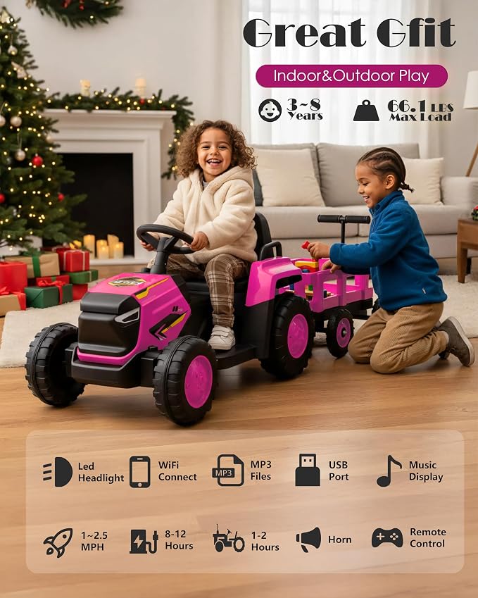 Garvee Toddlers Ride on Tractor with Detachable Garden Cart, 12V Electric Kids’ Vehicle with Trailer, Ages 3–8, Max Load 66 Lbs, Up to 2.5 Mph, Battery-Powered 8-Wheel, Remote Control, Garden Game