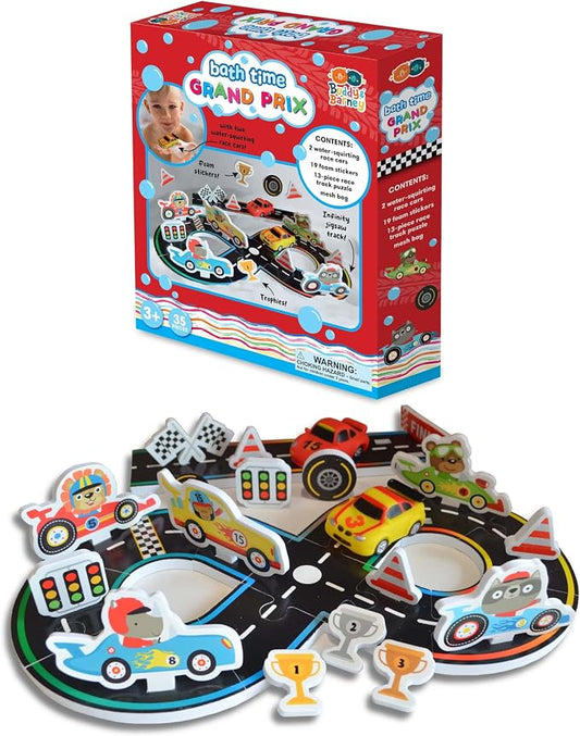 Buddy & Barney: Bath Time Grand Prix - Build A Floating Racetrack, 2 Water-Squirting Race Cars, Foam Stickers & Track Puzzle, Interactive Toy, Kids 3+