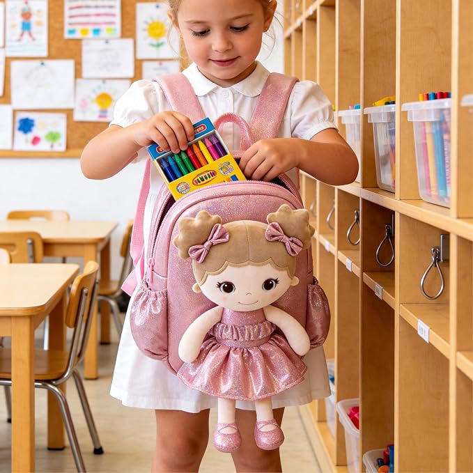 Lazada Toddler Backpack - Baby Girl Gifts Curly Fingerprints Plush Doll Dress Backpack - Fashion Girls Curly Rolled Fingerprints Series - Apricot Pink 11 Inches