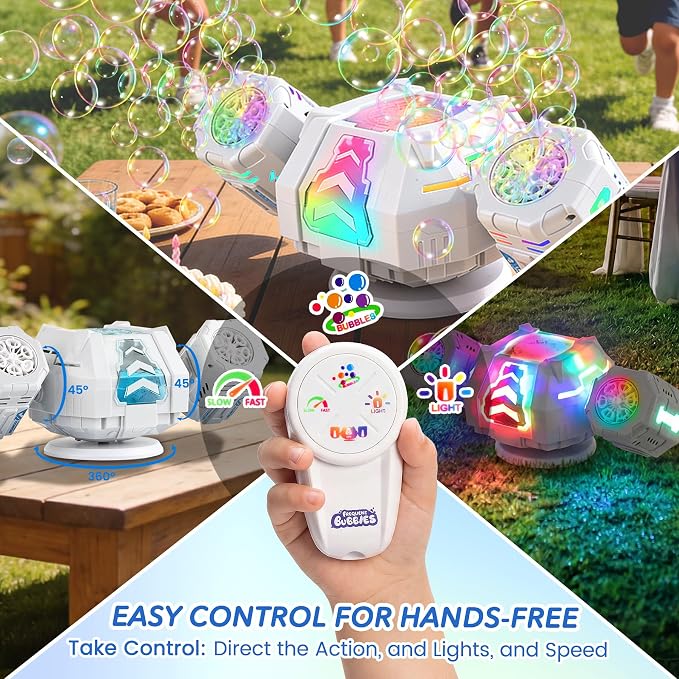 Bubble Machine with Remote Control, 360° Auto Rotation 30000+ Big Bubbles Multicolor LED Lights, Rechargeable Bubble Machine for Parties Birthday Wedding Boys Girls Indoor Outdoor