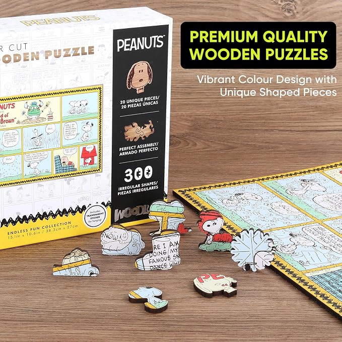 Peanuts Puzzles for Adults – Charlie Brown Wooden Puzzles, 300 Pieces Unique Shaped Jigsaw Puzzles, Snoopy Gifts for Women, 5MM Thick, Officially Licensed Merchandise – Good Ol Comic, 15.1" x 10.6"