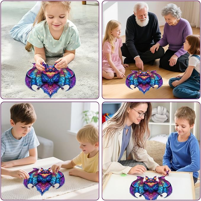 MEATRN Wooden Puzzles for Adults and Kids - Stained Glass Bat Wood Jigsaw Puzzle, Mystical Nocturnal Creature, Relaxing Family Game, Festival Decorative Gift, 503 Pcs, 16.7x16.3 in