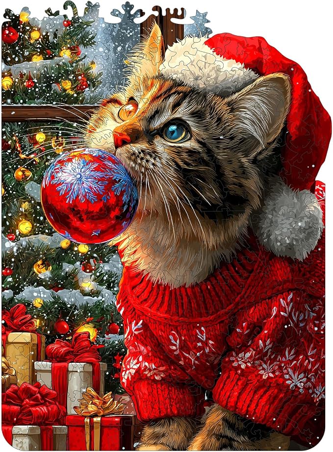 MEATRN Christmas Hat Cat Jigsaw Puzzles - 490 Pcs Handmade Wooden Puzzle with Unique Shapes, Stress Relief & Educational Fun, Family Game Night 13.4×18.3 Inch, Best Gift for Friends
