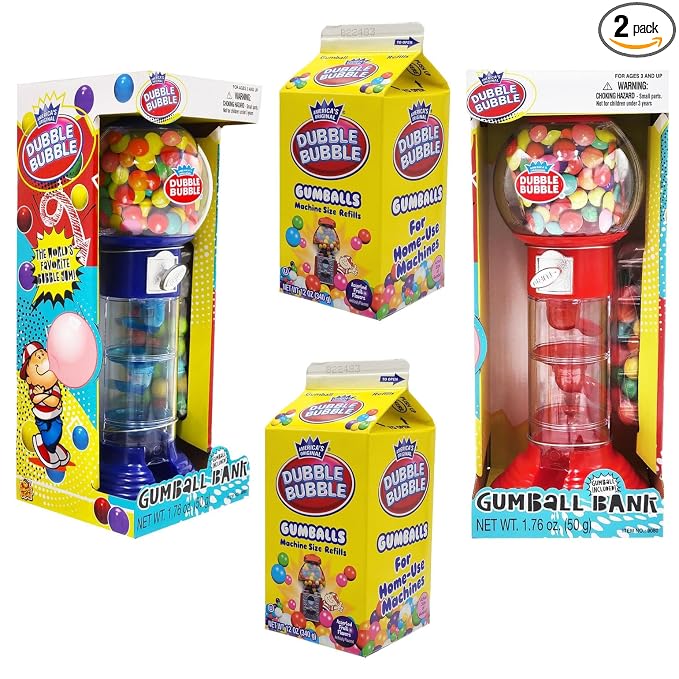 Gumball Machine for Kids 2-Pack, Coin Operated Bubble Gum Machine and Toy Bank, 10.5" Inch Tall Spiral Fun Candy Dispenser Includes 150 Gum Balls, Great Candy Dispenser Gift for Girls and Boys