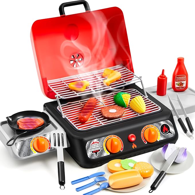 Kids BBQ Grill Playset, Kitchen Toy Set with Pretend Smoke, Light, Sound & Color-Changing Food, Play Kitchen Accessories, Indoor Outdoor Cooking Toy for Boys Girls Kids Birthday Gift