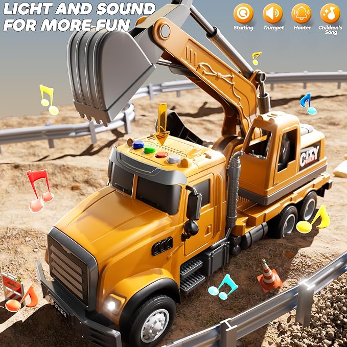 JUKUDAHU Excavator Toys for Boys Aged 3-5 4-6, Play Excavator with Light and Sound, Toy Truck Construction Vehicles Cars for Kids 2-4 4-7 Years Old, Birthday Gift for Girls Toddlers 1-3