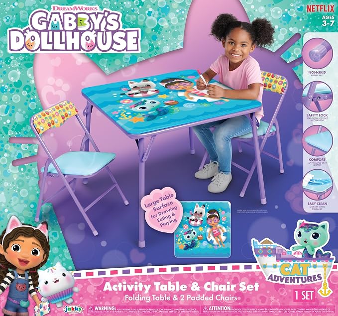 Gabby's Doll House Girls Folding Table & Chairs Set for Kids and Toddlers 36 Months Up To 7 years, Includes: 1 Table (36"L x 24"W x 20"H), 2 Chairs (13"L x 13.5"W x 21"H) Weight Limit: 70 lb