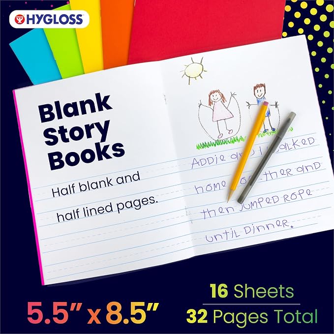 Hygloss Half Blank Books for Kids to Write Stories & Illustrate – Bulk 6 Pack – 5.5" x 8.5" A5 Primary Journal for Grades K-2, Preschool/Kindergarten Notebook with Picture Space – 24 Pages, Colored