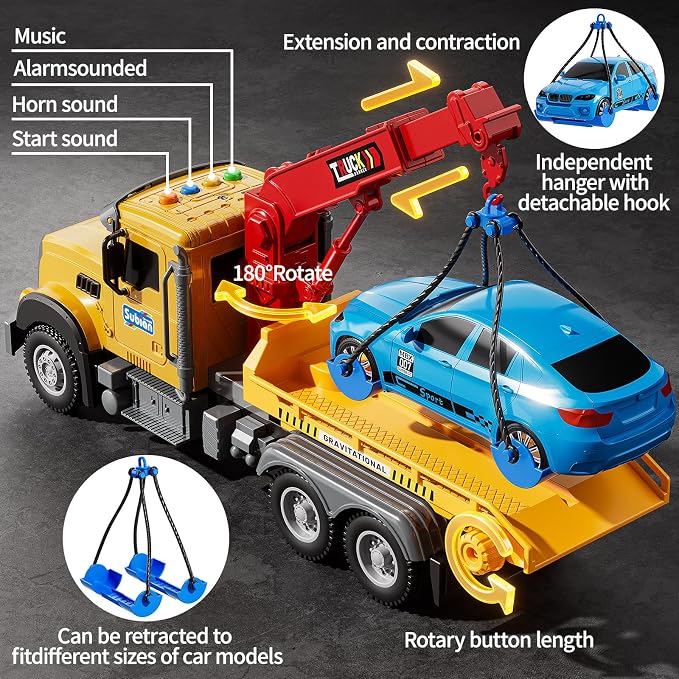 NIPLOOOW Kids Toys for 3 4 5 6 7 Years Old Boys, Tow Truck Toy,Friction Powered Transport Truck Crane Vehicle Toy with Lights and Sounds,Birthday Gifts for Boys Girls