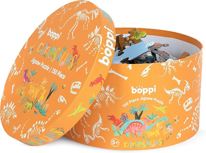 boppi Dinosaurs Round Jigsaw Puzzle with 100% Recycled Card T-rex Stegosaurus and Triceratops Fossils 150 Pieces for Children 5 6 7 8 Years 58cm Diameter