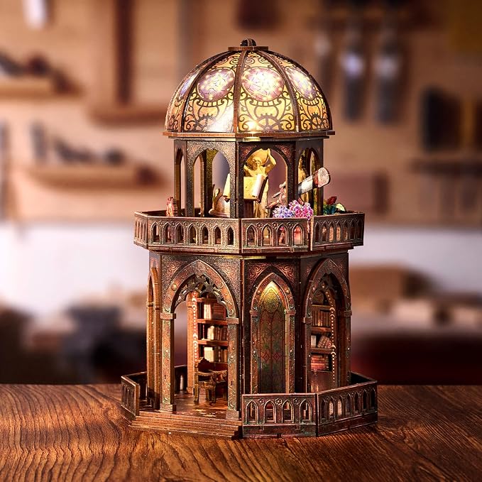 DIY Miniature House Kit,Steampunk Observatory for Adults to Build, Birthday/Christmas Day Gift for Family and Friends, 3D Wooden Dollhouse with LED Lights,Observatory