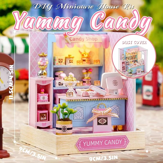 Kisoy Dollhouse Miniature with Furniture Kit, DIY 3D Wooden DIY House Kit with Dust Cover,Handmade Tiny House Toys for Teens Adults Gift (Yummy Candy)
