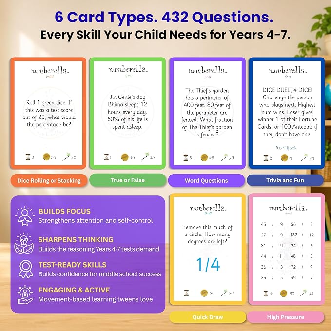 Numberella Deluxe Math Card Game – Level 2 | Ages 10–13, Grades 5–7 | Fractions, Decimals & Percentages | Award-Winning STEM Board Game | 432 Questions, 6 Card Types | 2–5 Players