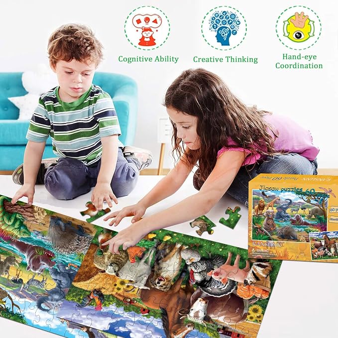 RANSUNN Puzzles for Kids Ages 4-6 - Farm & Wild Animal,2 Packs 60 Piece Puzzle for Kids Ages 3-5 6-8,Toddler Children Learning Educational Jigsaw Puzzles Toys for Boys and Girls.