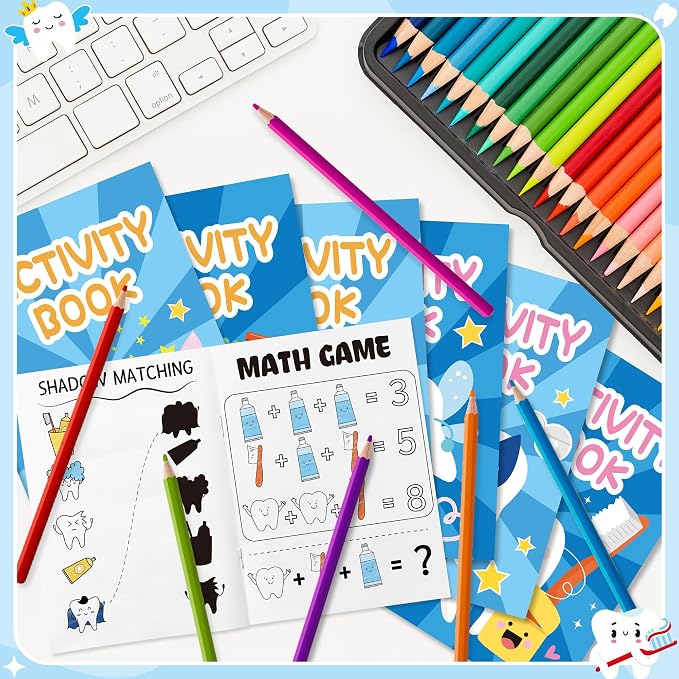 Tooth Activity Books for Kids - 48Pcs Cute Tooth Fairy Mini Games Coloring Book Set Bulk Cartoon Novelty Teeth Themed Mazes Word Search Word Scramble Games for Classroom DIY Art Gifts Party Favors