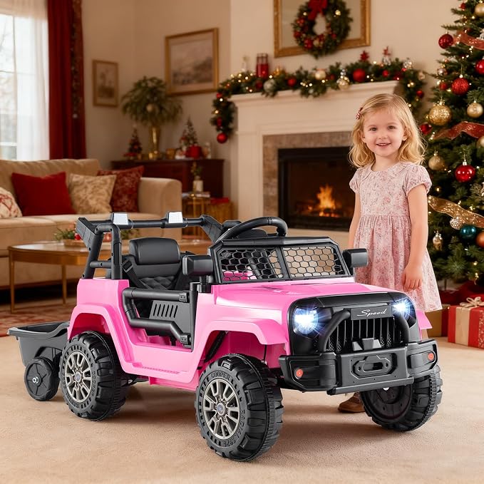 Costzon Ride on Car with Detachable Trailer, 12V Battery Powered Ride on Truck with Parent Remote Control, Light & Music, Electric Vehicle Kids Car Toy for Boys & Girls (Pink)