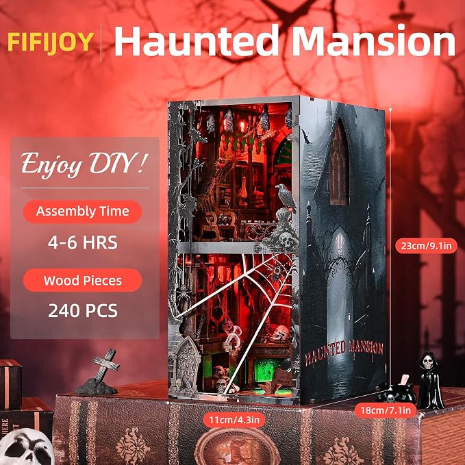 fifijoy Haunted House Halloween Book Nook Kit, Spooky Shelf Insert Bookshelf Diorama Horror Art Miniature Decor, Creepy Scary Wooden Puzzle Booknook (Haunted Mansion)