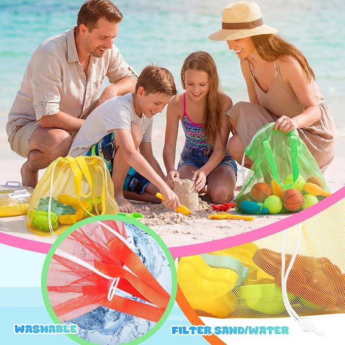 Paterr 16 Pcs Mesh Beach Tote Bag Seashell Bags Foldable Large Beach Toy Organizer with Drawstring, Pool Gym Swimming Camping Accessories Lightweight Foldable Birthday Gifts (8 Colors)