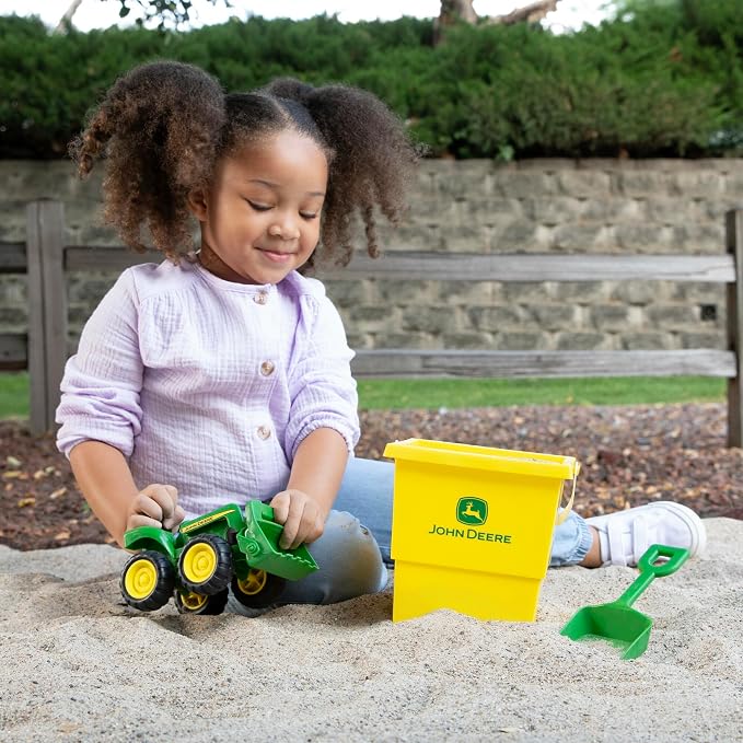 TOMY John Deere Sandbox Toy Set - Includes Dump Truck Toy, Bucket and Beach Shovel - Toddler Outdoor Toys and Farm Toys - Summer Kids Sand Toys - Green - 3 Count