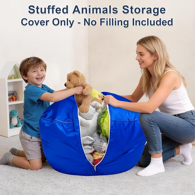 Lukeight Stuffed Animals Storage Bean Bag Chair Cover for Kids, Cozy Velvet Plush Toy Organizer Seat, Cover Only, No Filling Included, Long YKK Zipper, Side Pocket, X-Large 30 x 18 in