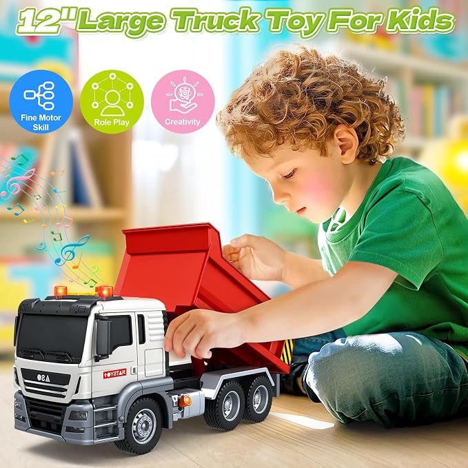 Bstoyder Kids Toys for 3 4 5 6 7 8 Years Old Boys, Large Dump Truck Toy with Lights, Sounds, Red Toddler Friction Powered Truck Vehicle Toy for Boys Girls Birthday Gifts