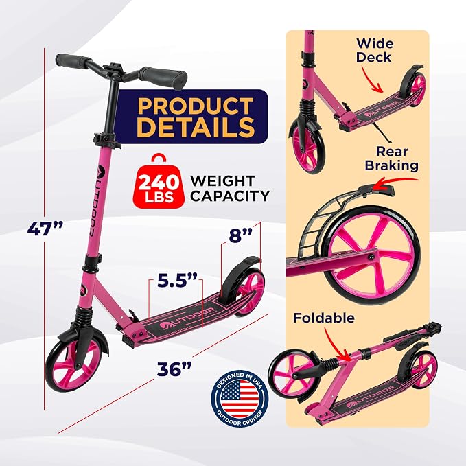 Outdoor Cruiser Kick Scooter for Ages 6+, for Kids, Teens, and Adults, Max Load 250 LBS, Foldable, 8-inch Wheels for Kids and Adults, Dual Suspension, 3 Adjustable Levels, Child Safety Approved, Pink