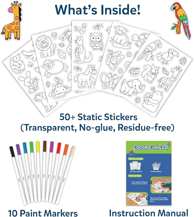 Skillmatics Cling Art – Color Clingz Animals, 50+ Reusable Static Stickers, Mess-Free Fun for Kids, DIY Craft Kits & Supplies, Travel Toys, Creative Gifts for Boys and Girls Ages 3, 4, 5, 6, 7