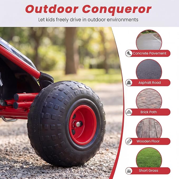 Costzon Pedal Go Kart, 4 Wheel Ride on Toy Pedal Car with Adjustable Seat, Forward/Backward & Handbrake, Outdoor Bicycle Go Cart with Wear-Resistant Wheels, Gift for Boys and Girls (Red)