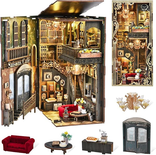 MiniCity Book Nook Kitwith Dust Cover and LED Light, 3D Wooden Puzzle Bookend Bookshelf Insert Decor for Teens and Adults (Saisons Café)