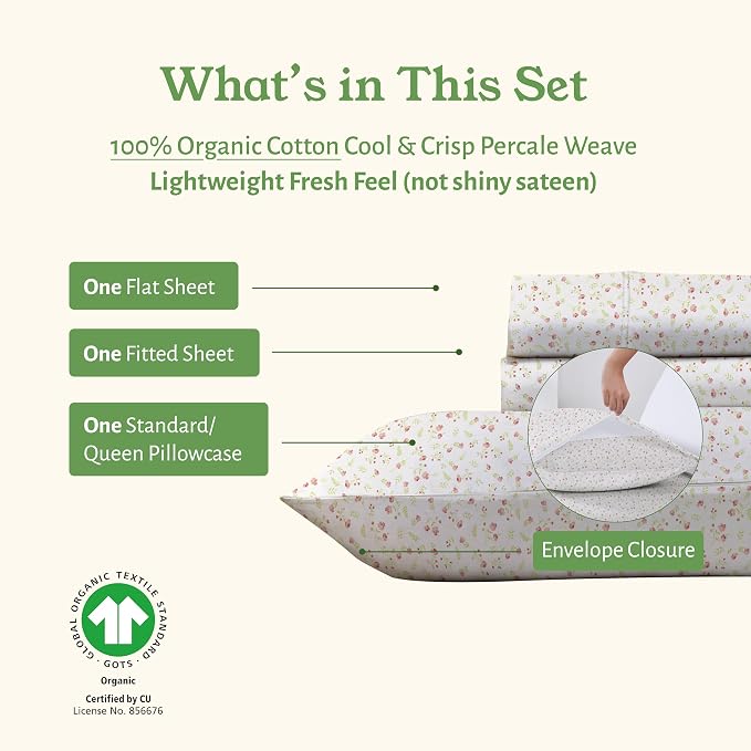 California Design Den Twin Floral Sheet Set, 100% Organic Cotton Percale Sheets, Deep Pocket Twin Sheets & Pillowcase Set - Floral