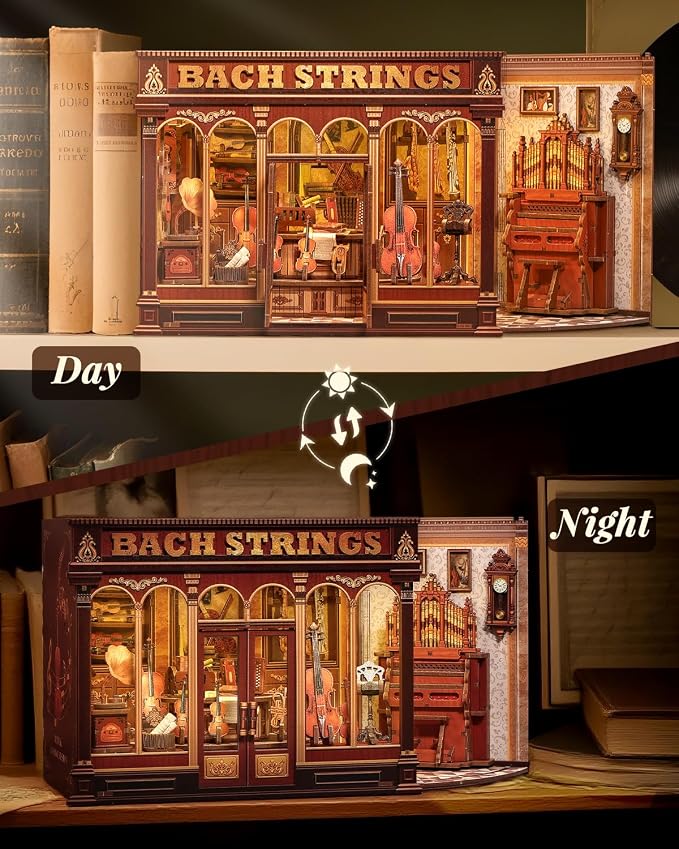 Book Nook Kit, DIY Miniature Music Workshop-Themed, 3D Wooden Puzzle Dollhouse with LED Lights, Bookend & Creative Bookshelf Decor, Craft Gifts for Family and Friends & Music Lovers (Bach Strings)