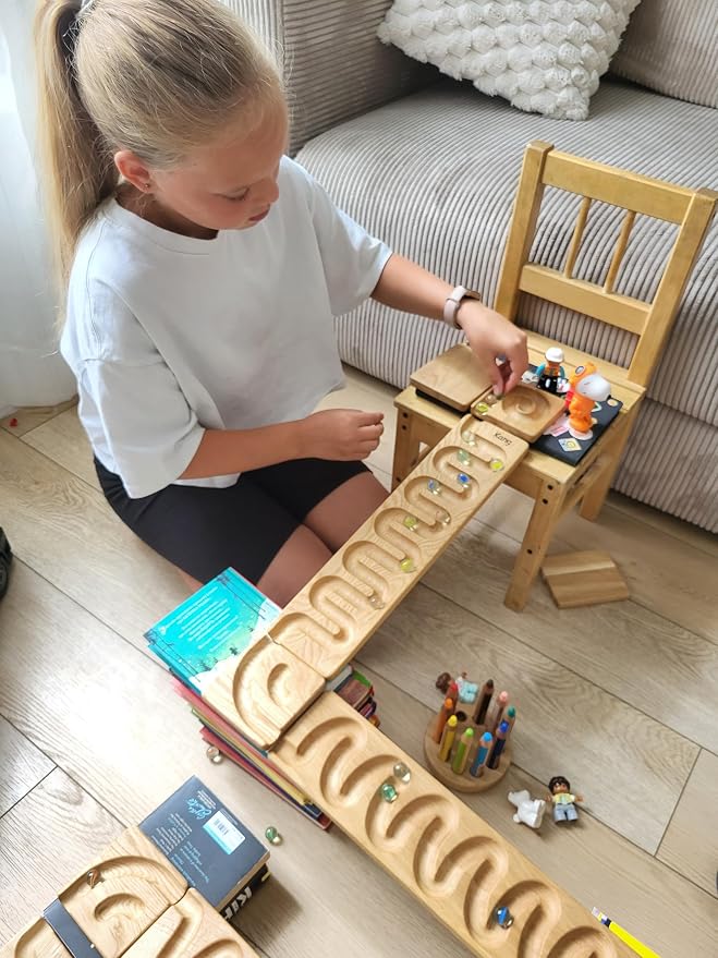 Wooden Marble Run Track Race Wooden Maze Board Ball Run Montessori Educational Toy Gift for Kids Winding Wave Roller Track(Set of 3)
