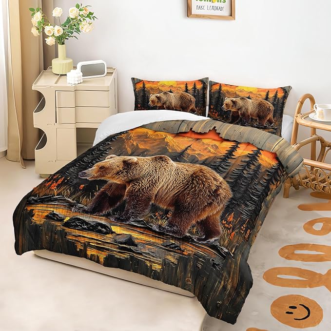 AILONEN Rustic Bear Bedding Set Queen Size,Wildlife Hunting Comforter with 2 Pillowcases,3-Piece Woodland Pine Forest Animal Duvet Set